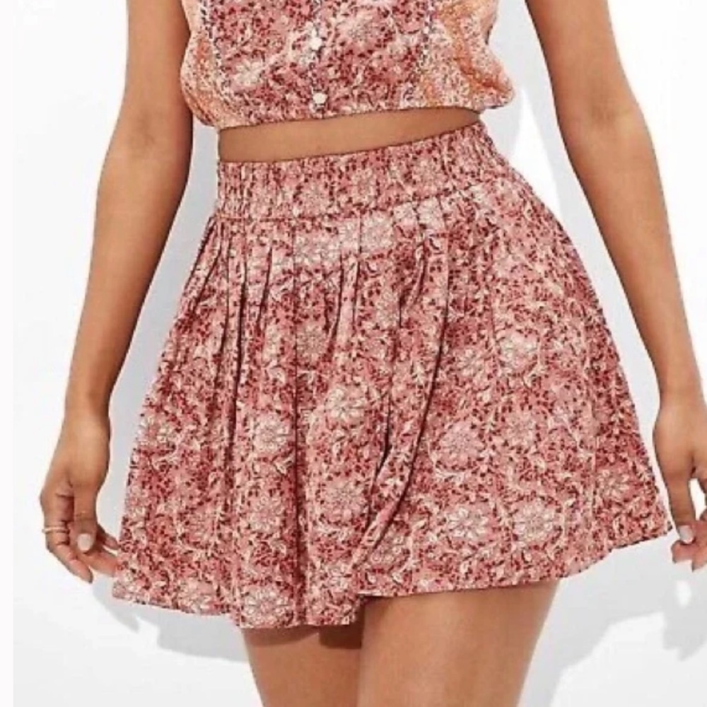 American Eagle Pink Floral Printed Cotton Linen Pleated Mini Skirt